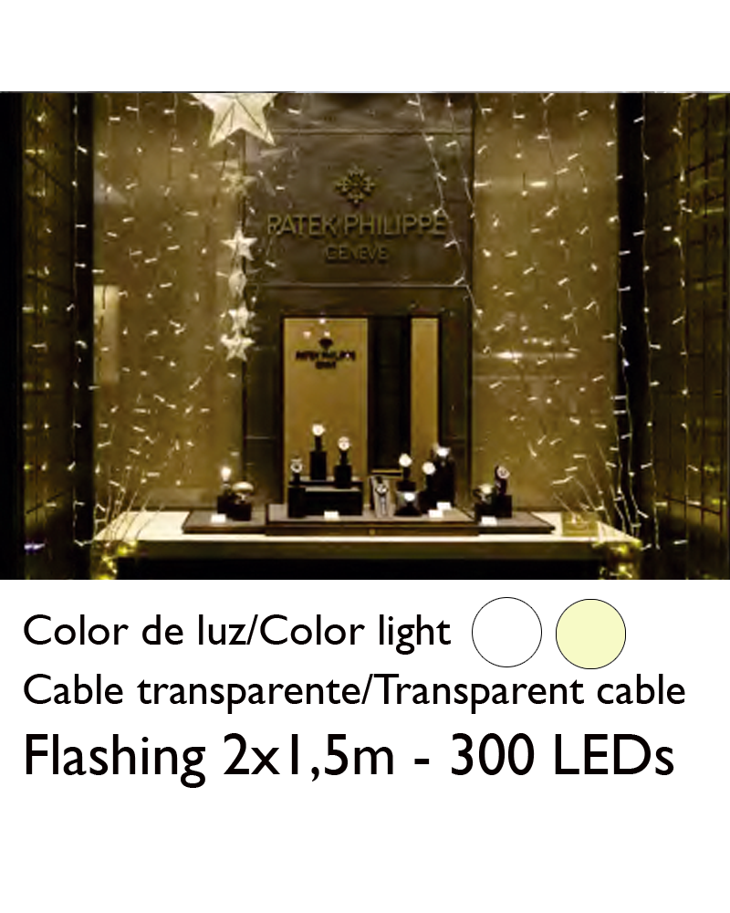 LED curtain 2x1,5m transparent cable connectable with 300 flashing LEDs for indoor