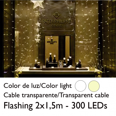 Cortina de LEDs 2x1,5m cable transparente empalmable con 300 leds intermitente para interior