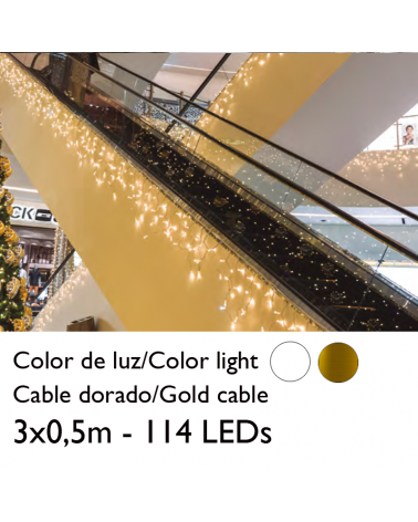 Cortina de LEDs 3x0,5m efecto hielo icicle estalactita, cable dorado con 114 leds para interior