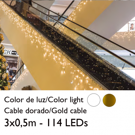 Cortina de LEDs 3x0,5m efecto hielo icicle estalactita, cable dorado con 114 leds para interior