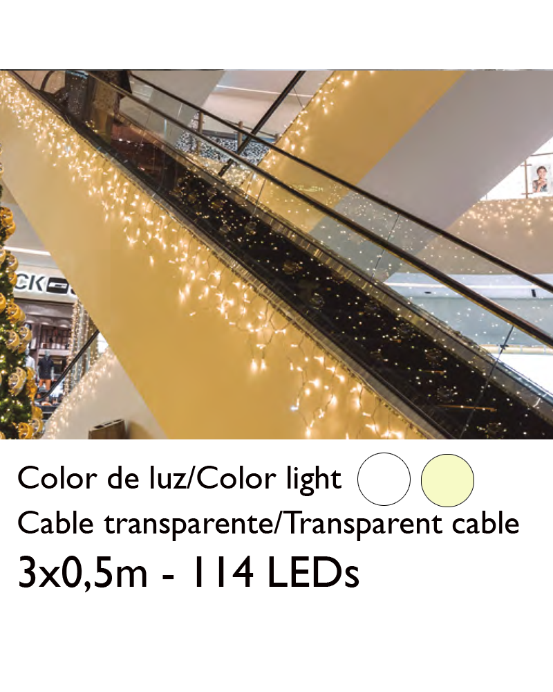 LED curtain 3x0.5m ice effect icicle stalactite, transparent cable with 114 leds for indoor use