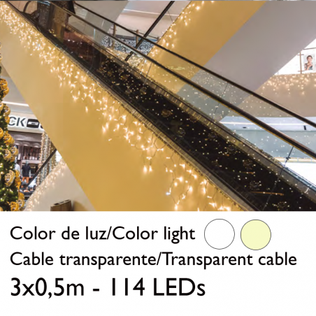 Cortina de LEDs 3x0,5m efecto hielo icicle estalactita, cable transparente con 114 leds para interior