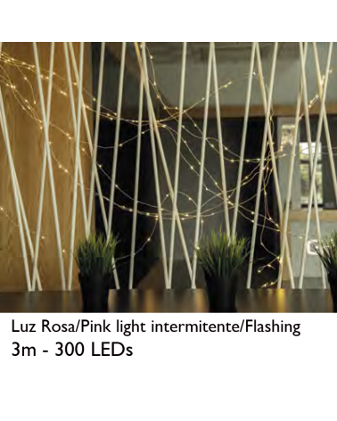 Alambre hilo LED 3m 10 tiras rosa cable transparente 300 Leds intermitentes para interior