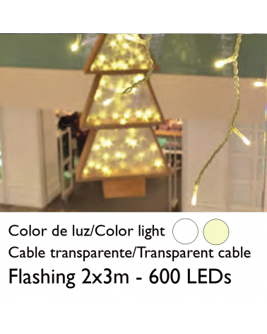 Cortina de LEDs 2x3m cable transparente empalmable con 600 leds flashing para interior