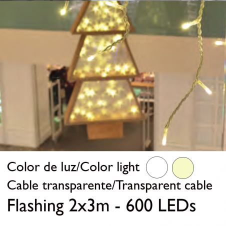 Cortina de LEDs 2x3m cable transparente empalmable con 600 leds flashing para interior