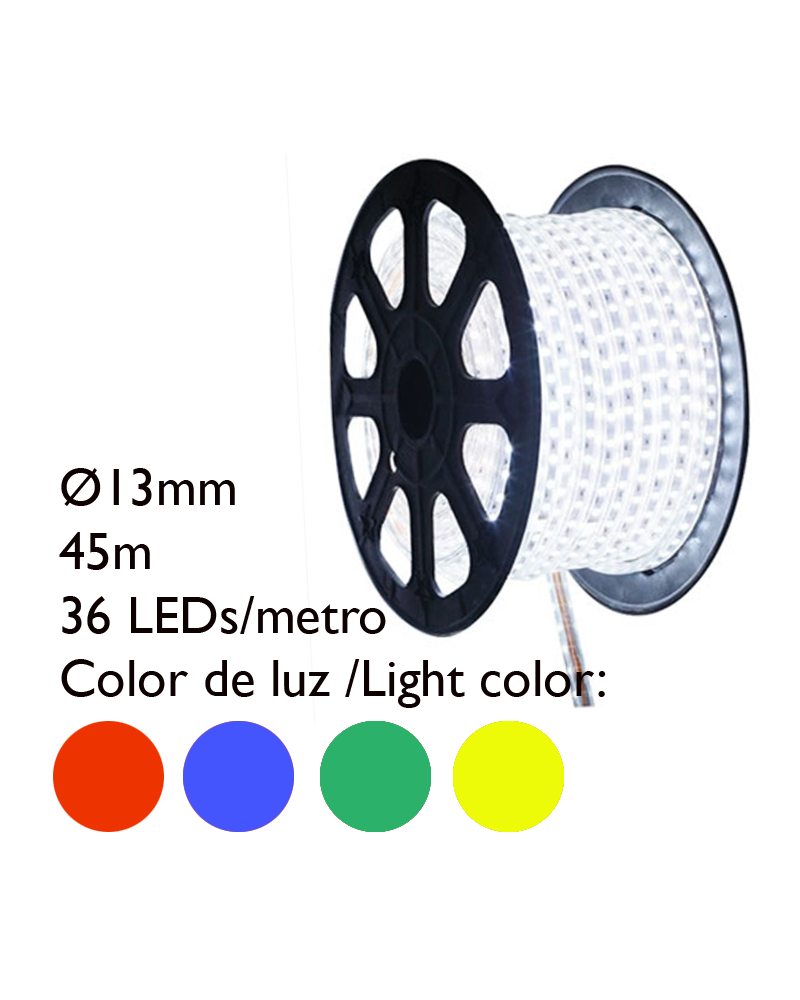 Bobina 45m hilo LED colores tubo transparente,  1620 leds IP65 230V