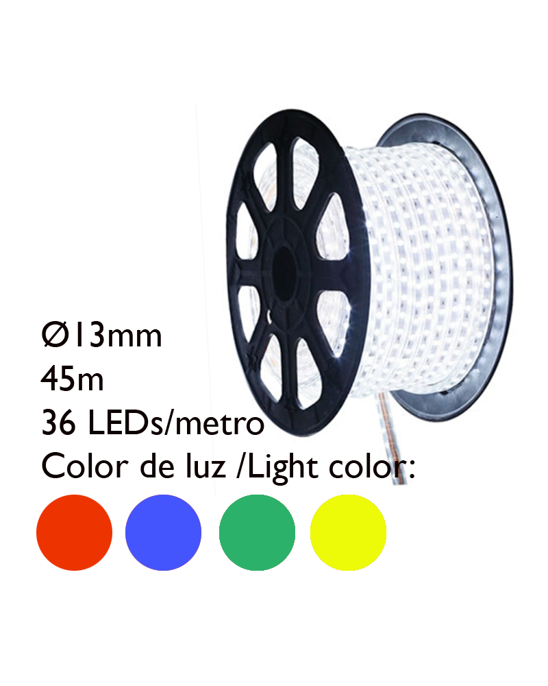 Bobina 45m hilo LED colores tubo transparente 1620 leds IP65 230V