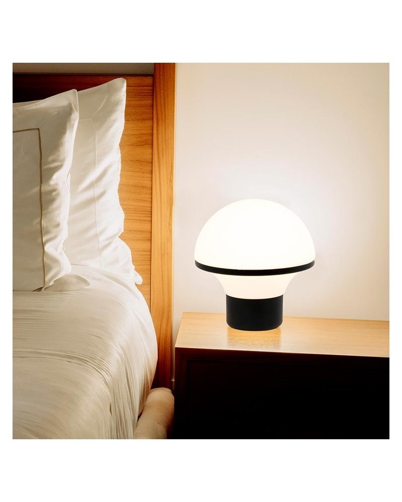 Design white table lamp in opal glass, black steel base, dimmable touch E27