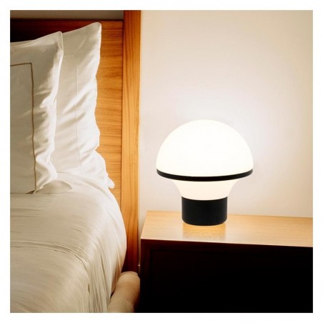 Design white table lamp in opal glass, black steel base, dimmable touch E27