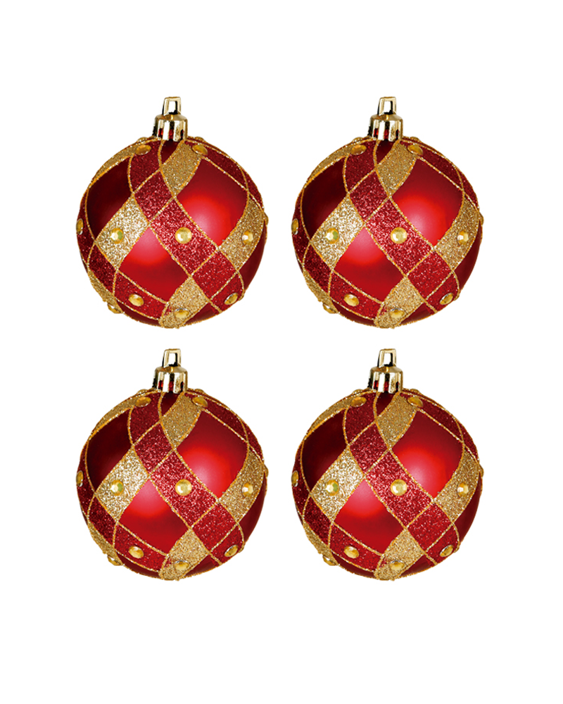 Blister 4 Christmas balls decorated red ø7cm