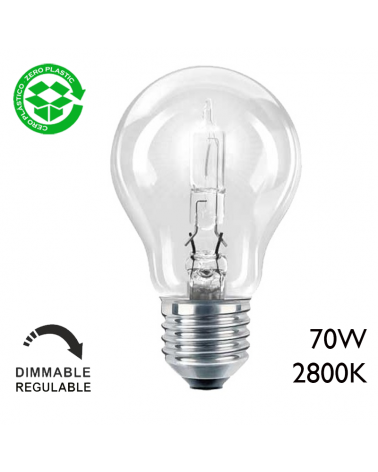 ECO Standard halogen bulb 70W E27 clear glass, dimmable, low consumption