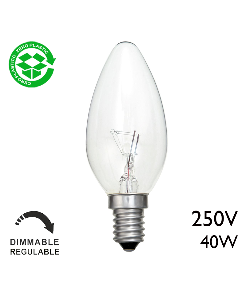 Lampara incandescente vela E14 250V 40W clara