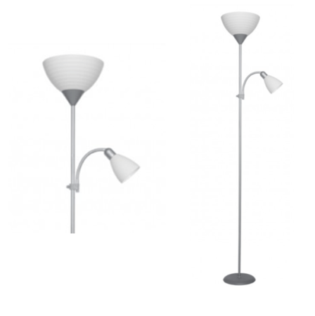 Lámpara de pie color Plata 180cm con pantalla acrílico 1 X 60W E-27 y luz de lectura 1 X 40W E14 iluminación salón comedor lampara de pie